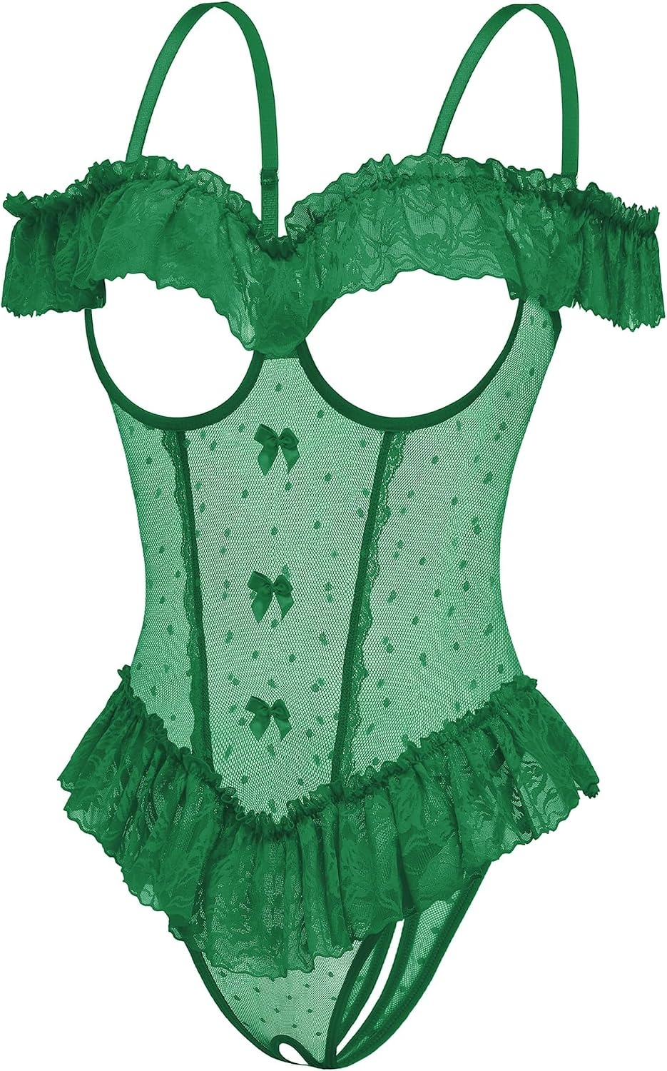 image:imageAvidlove Lingerie for Women V Neck One Piece Bodysuit Lace Ruffle Babydoll Off Shoulder Rave OutfitsGreen