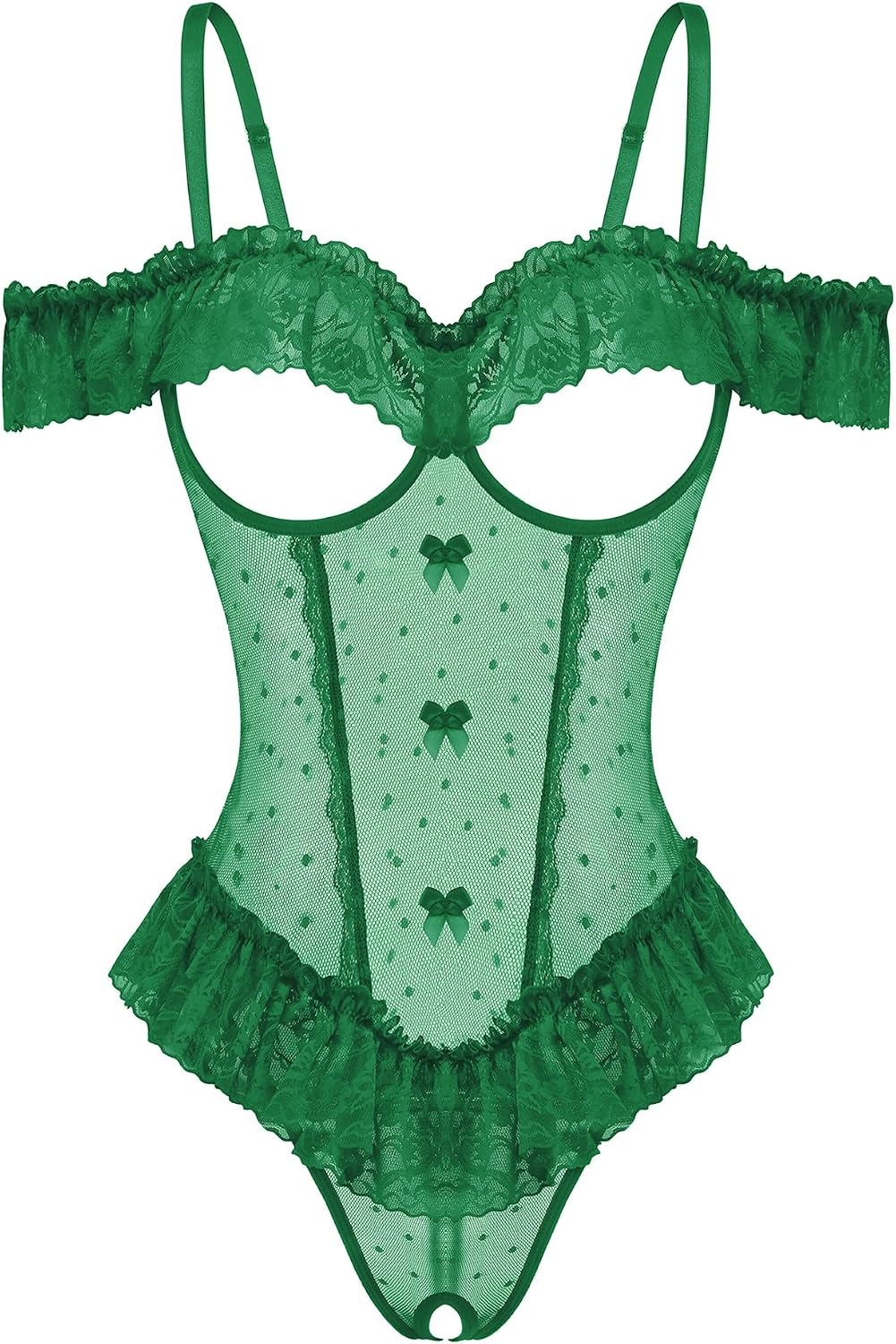 image:imageAvidlove Lingerie for Women V Neck One Piece Bodysuit Lace Ruffle Babydoll Off Shoulder Rave OutfitsGreen
