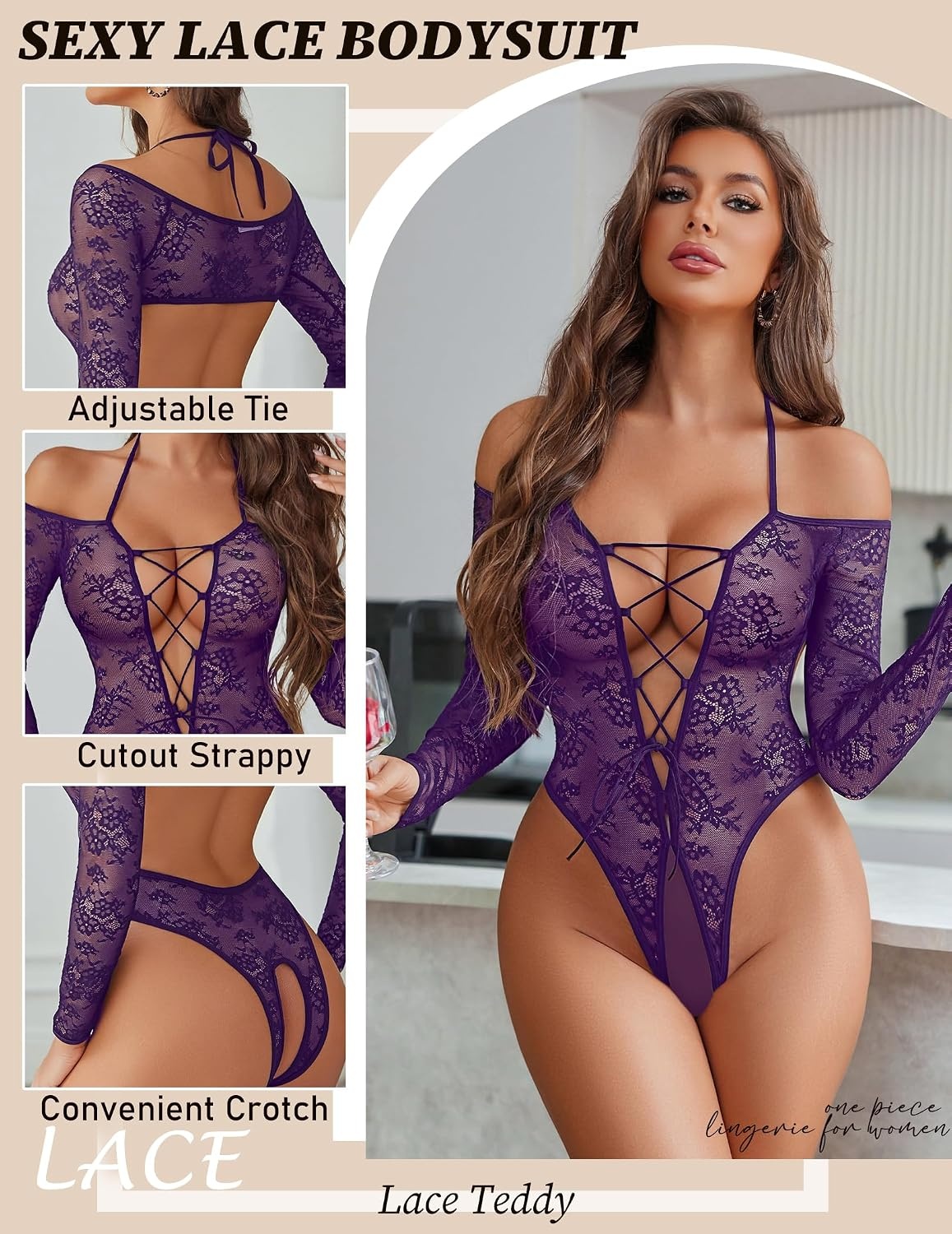 image:imageAvidlove Sexy Lingerie for Women Lace Teddy Lingerie Bodysuit Cut Out One Piece Bodysuit Mini BabydollPurple