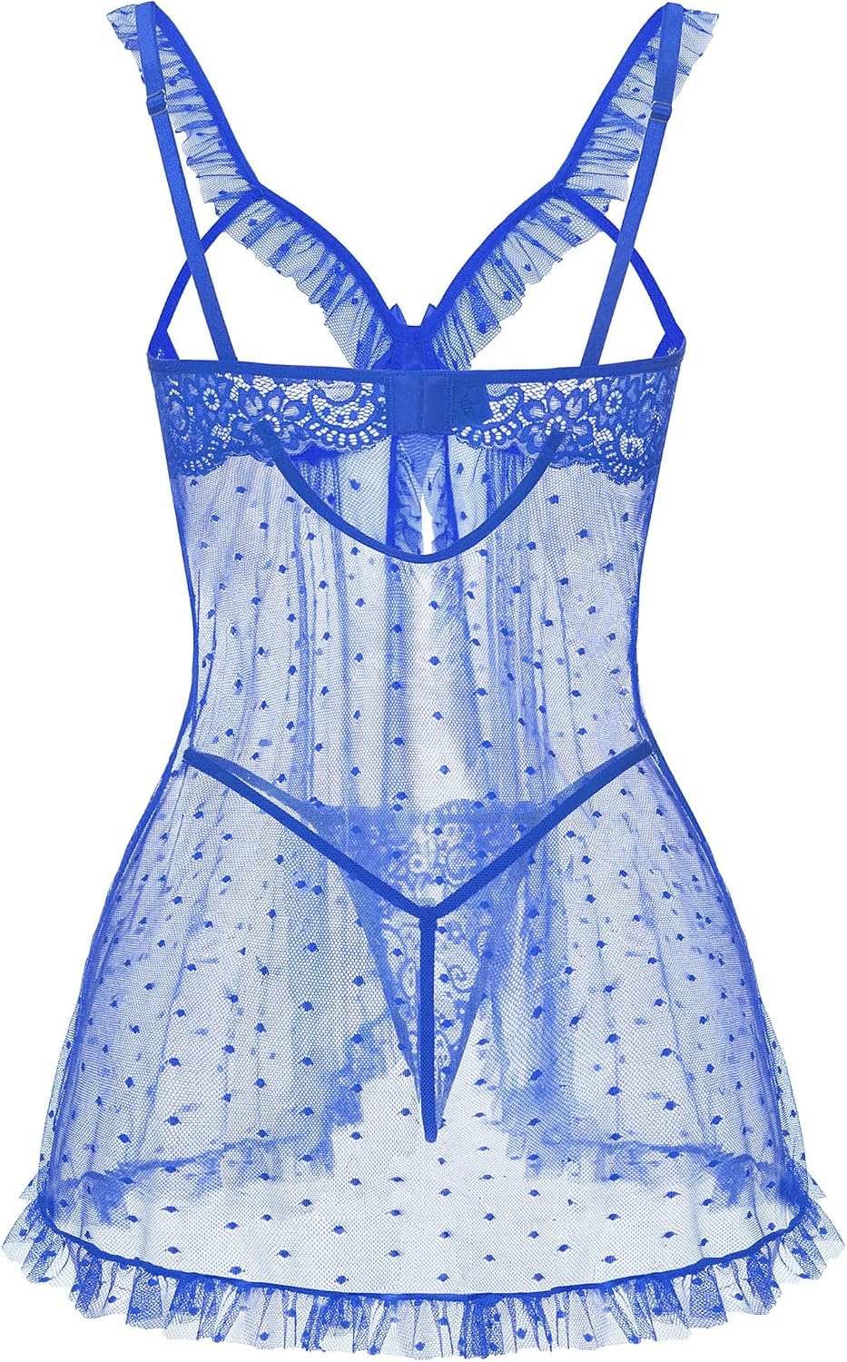 image:imageAvidlove Sexy Polka Dots Mesh Sheer Lace Babydoll Open Front Ruffle Chemise Cut Out Nightgown Lingerie With Thong XSXXLRoyal Blue