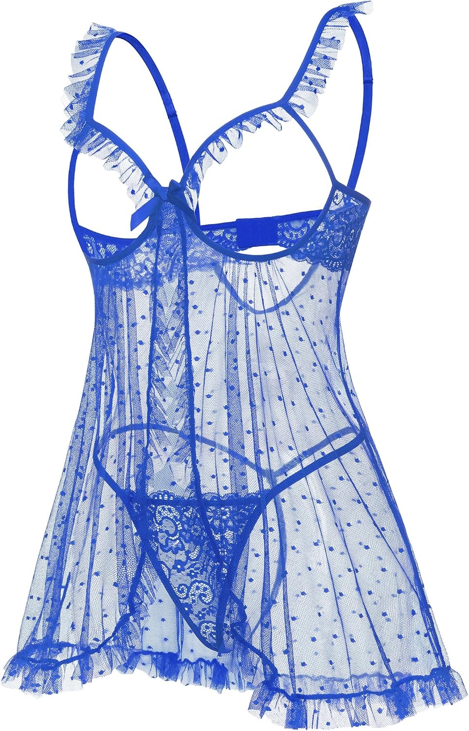 image:imageAvidlove Sexy Polka Dots Mesh Sheer Lace Babydoll Open Front Ruffle Chemise Cut Out Nightgown Lingerie With Thong XSXXLRoyal Blue