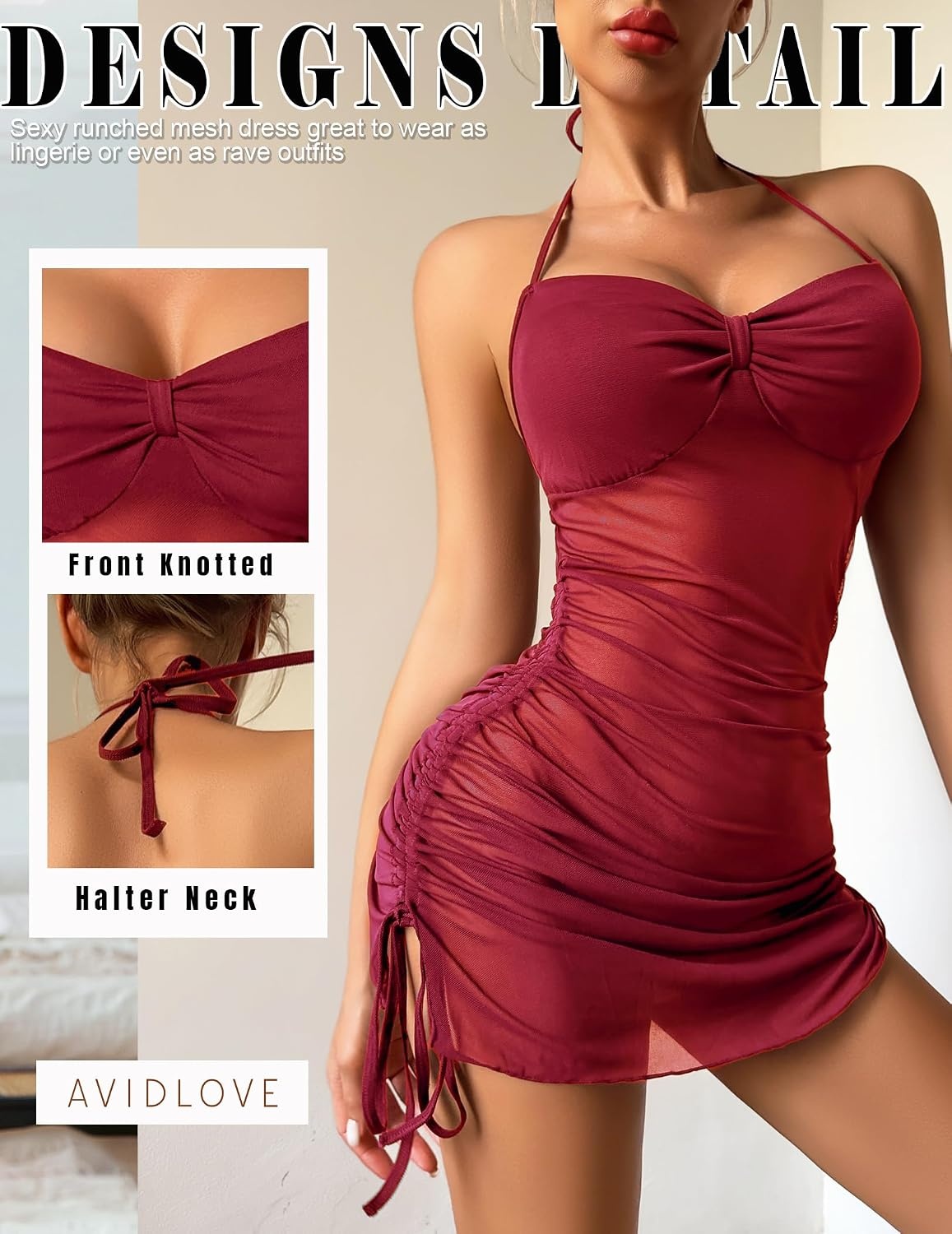 image:imageAvidlove Womens Sexy Bodycon Corset Mini Dresses V Neck Ruched Sleeveless Club Party Short Dress SXXLWine Red