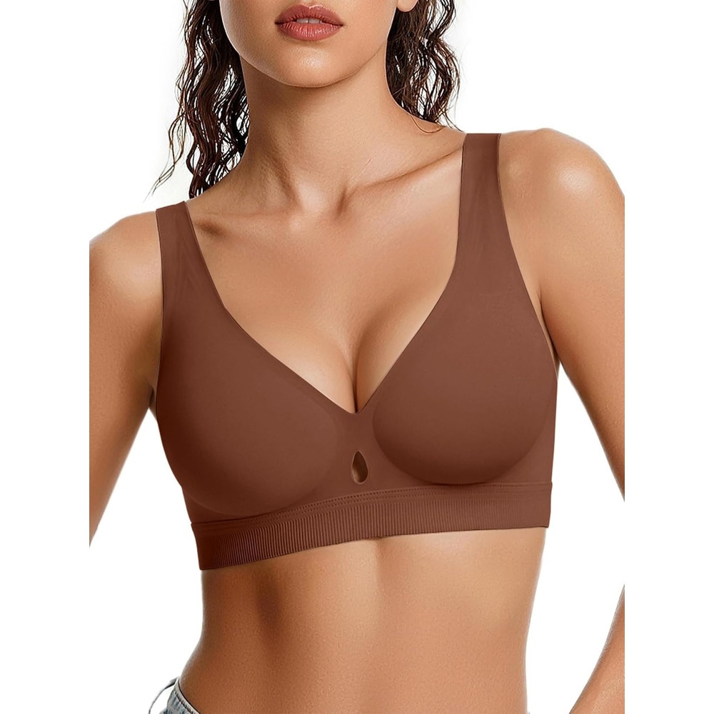 image:imageAvidlove Bras for Women V Neck Wireless Comfortable Bra Supportive No Underwire Bras Tshirt Push Up Bralettes Seamless BraBrown