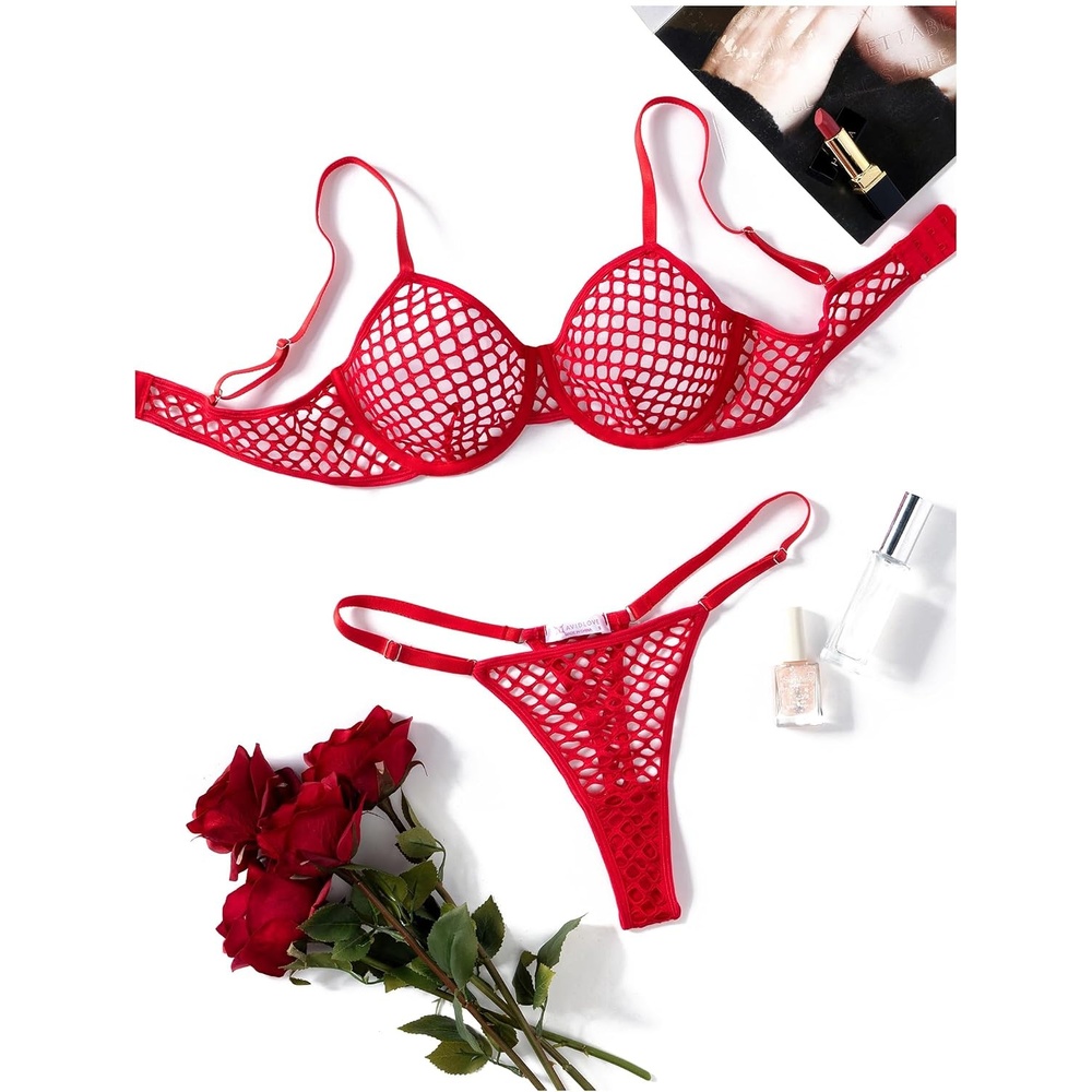 image:imageAvidlove Fishnet Lingerie Set Hollow Out Push Up Bra and Sheer Thong Womens Sexy Lingerie Underwear 2 PieceDeep Red