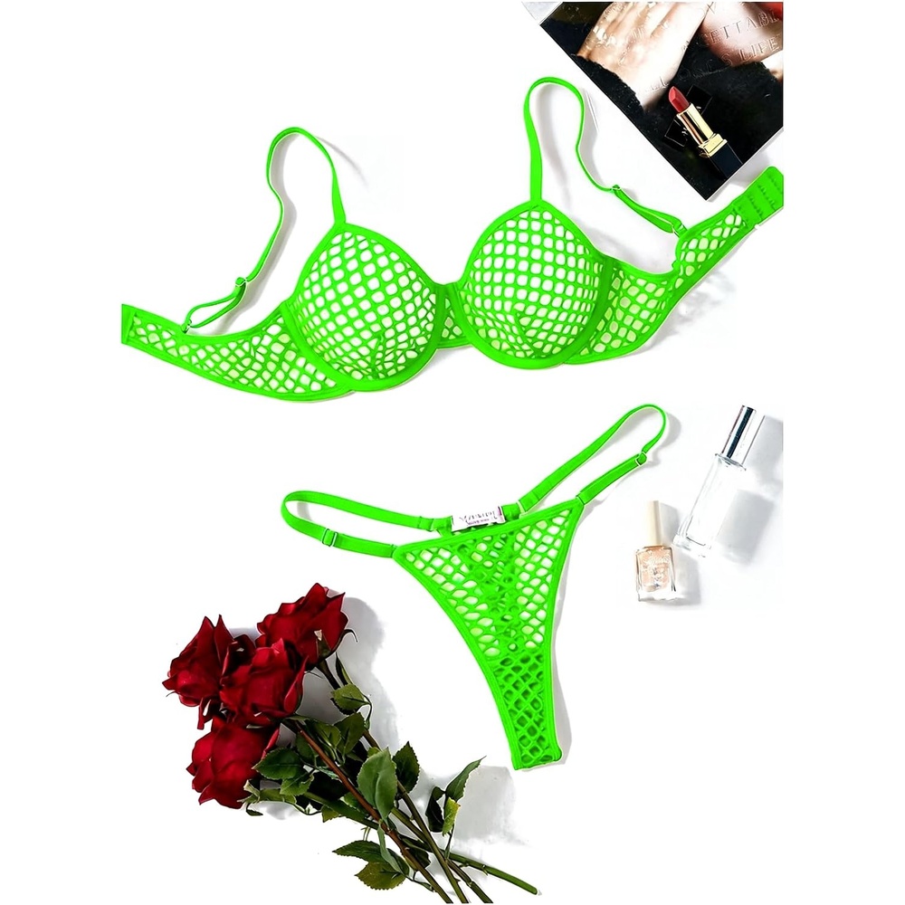 image:imageAvidlove Fishnet Lingerie Set Hollow Out Push Up Bra and Sheer Thong Womens Sexy Lingerie Underwear 2 PieceFluorescent Green
