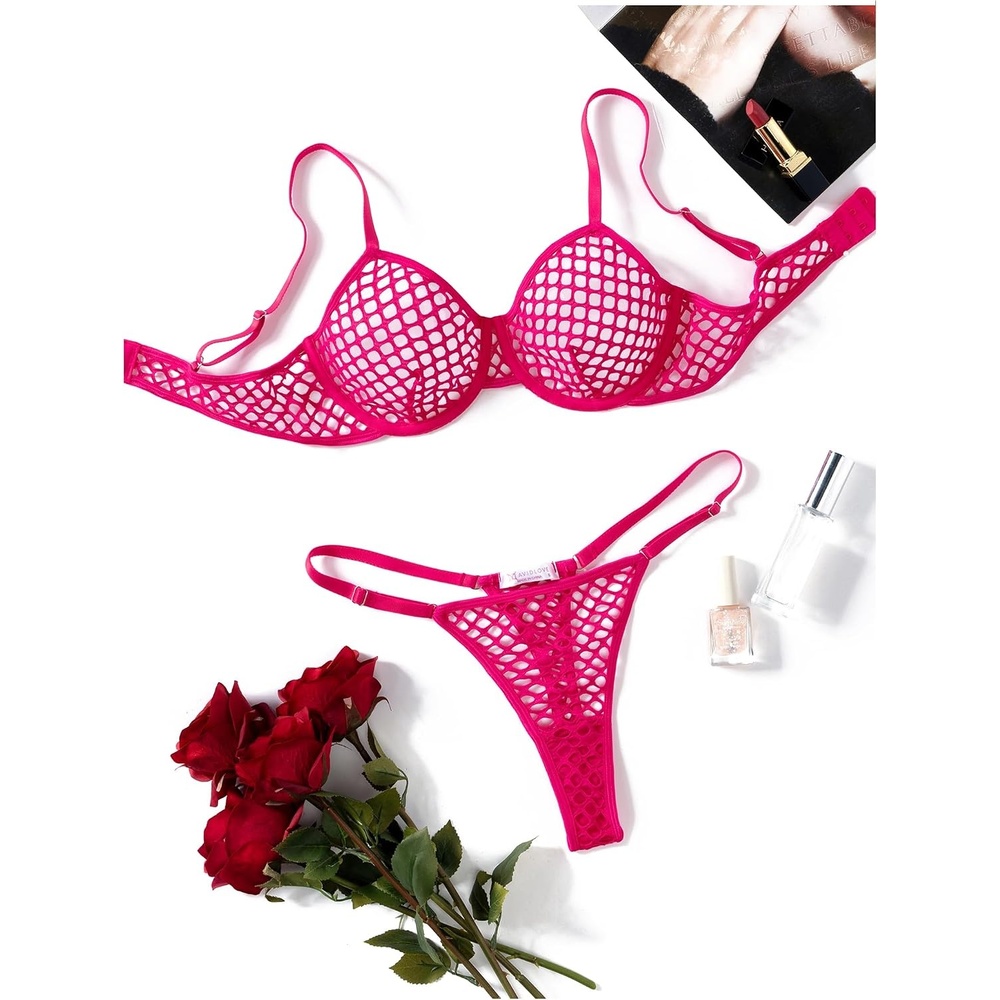 image:imageAvidlove Fishnet Lingerie Set Hollow Out Push Up Bra and Sheer Thong Womens Sexy Lingerie Underwear 2 PiecePink