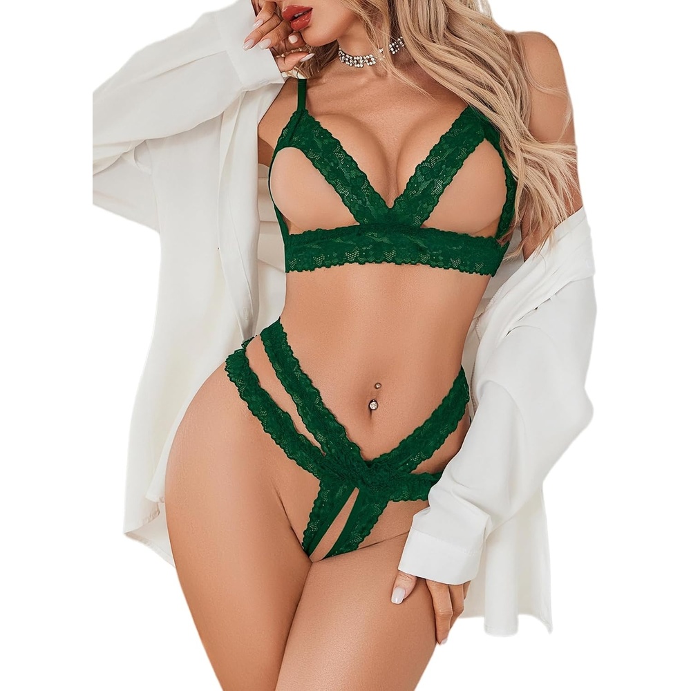 image:imageAvidlove Lace Lingerie Set for Women Sexy Cutout Matching Bra and Panty Sets 2 Piece Wireless Bralette Outfits SXXLGreen