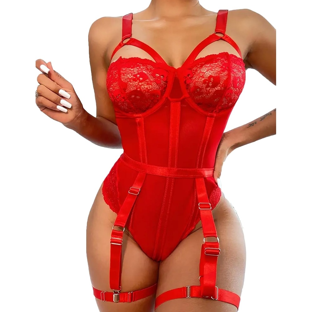 image:imageAvidlove Lingerie Sets for Women Sexy Lace Skull Corset with Garter Belt One Piece Teddy Bodysuit1 True Red
