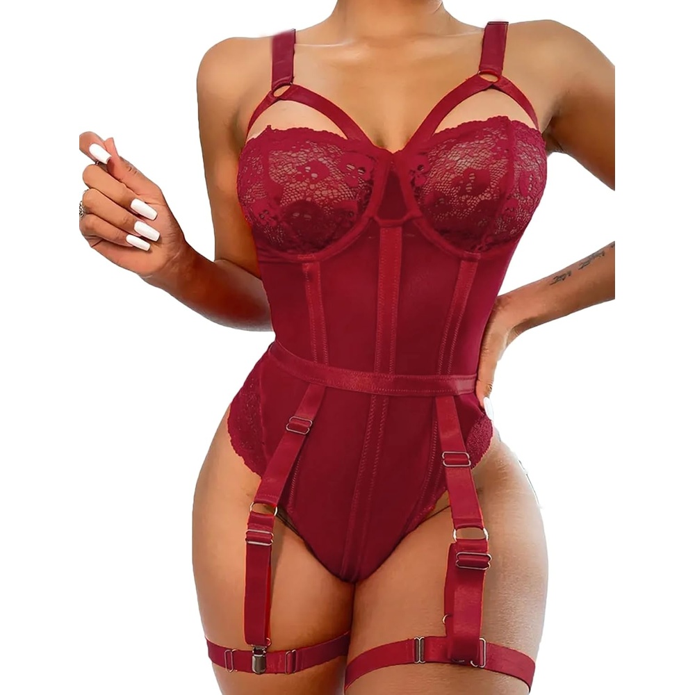 image:imageAvidlove Lingerie Sets for Women Sexy Lace Skull Corset with Garter Belt One Piece Teddy BodysuitBurgundy