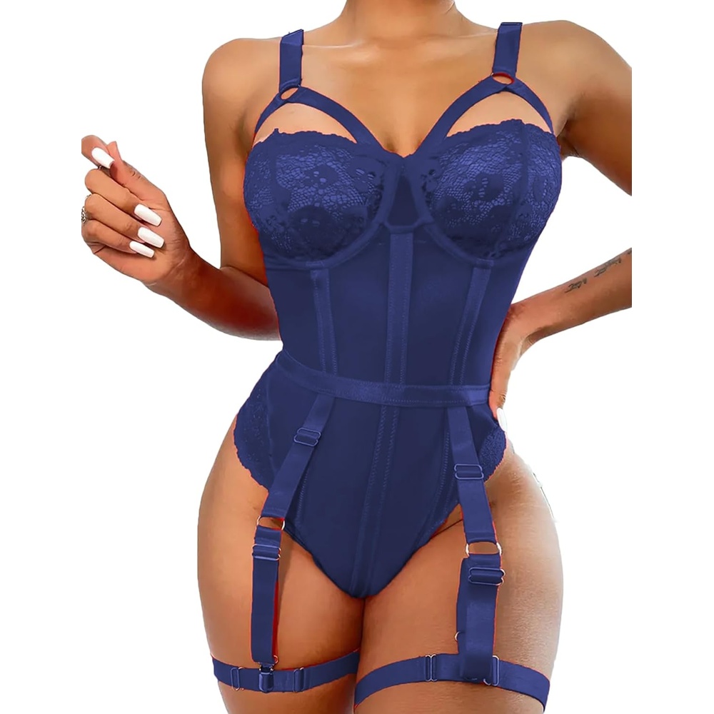 image:imageAvidlove Lingerie Sets for Women Sexy Lace Skull Corset with Garter Belt One Piece Teddy BodysuitNavy Blue