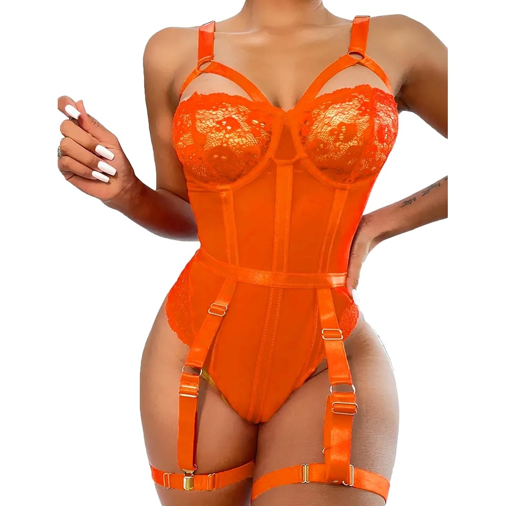 image:imageAvidlove Lingerie Sets for Women Sexy Lace Skull Corset with Garter Belt One Piece Teddy BodysuitOrange