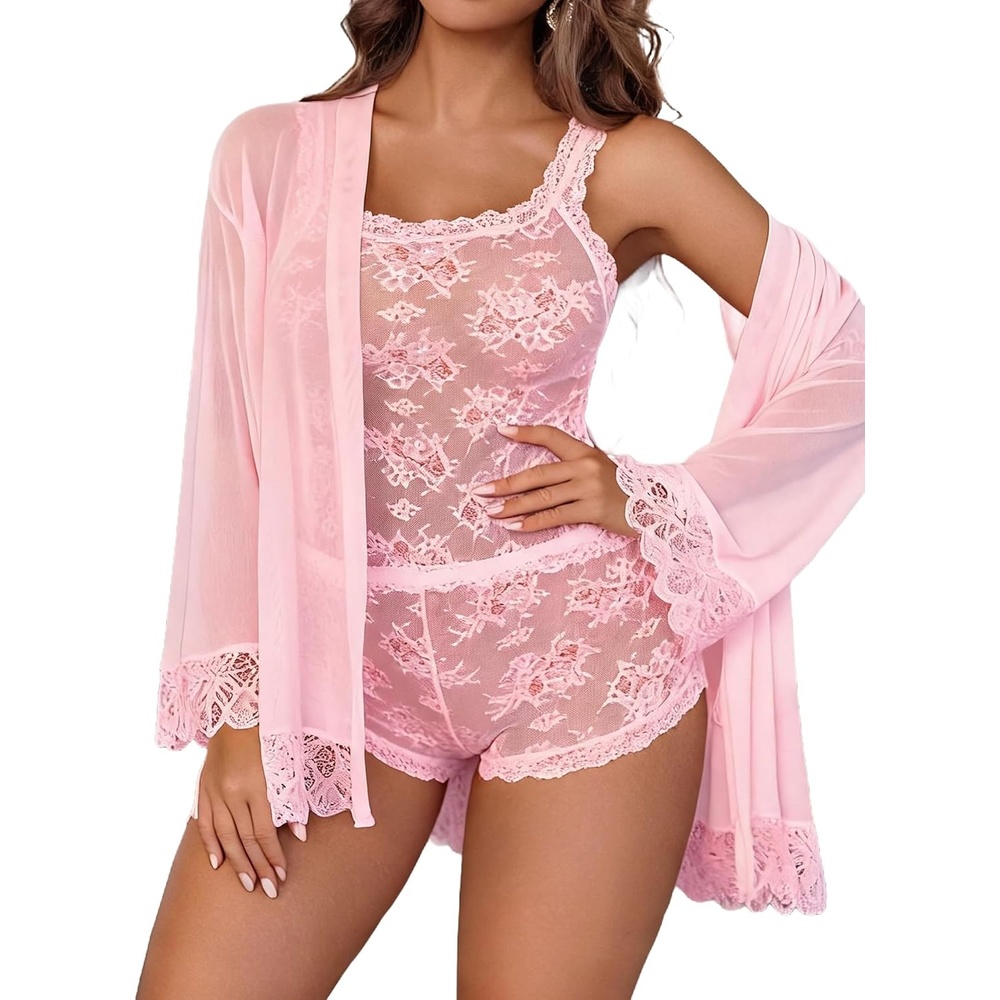 image:imageAvidlove Lingerie for Women 3 Piece Lingerie Set Floral Lace Cami Sleepwear with Kimono Robe Pajama SetPink