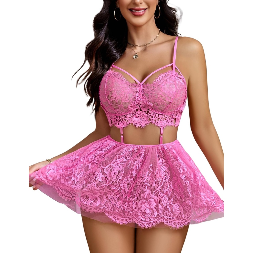 image:imageAvidlove Lingerie for Women Lace Babydoll Mesh Nightwear Chemise NightieRose Red