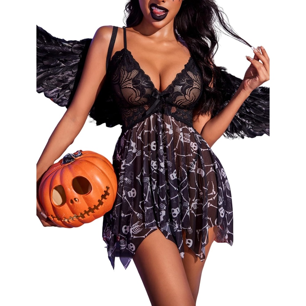 image:imageAvidlove Lingerie for Women Lace Babydoll Sleepwear Boudoir Outfits Plus Size Langeray XS5XLHalloweenskull Print
