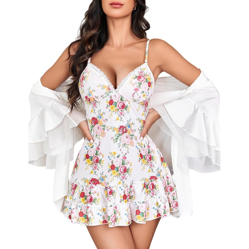 image:imageAvidlove Lingerie for Women Nightgown Lace Modal Sleepwear VNeck Chemise Full Slip Babydoll NightdressWhite Floral