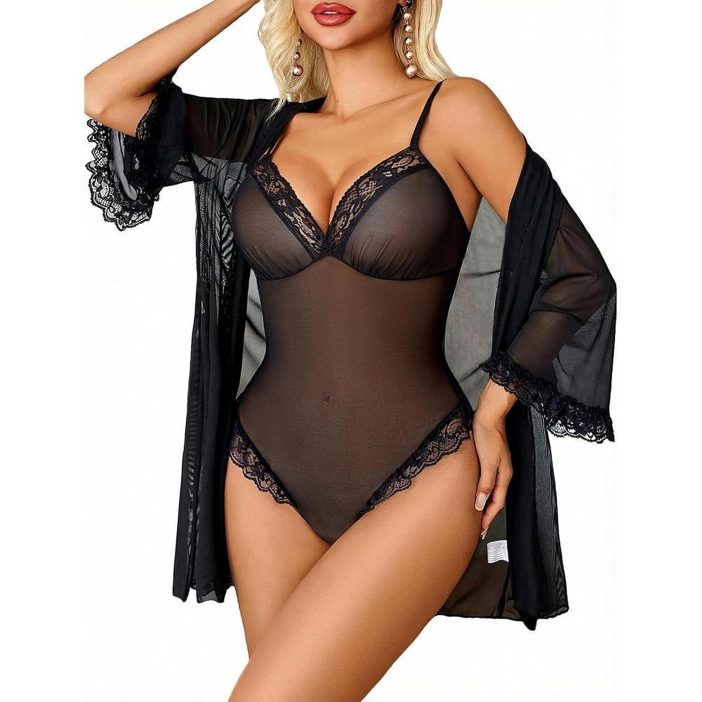 image:imageAvidlove Lingerie for Women Sexy Lace Bodysuit Robe Set 2 Piece Mesh Teddy Kimonos Sleepwear Boudoir Outfits SXXLBlack