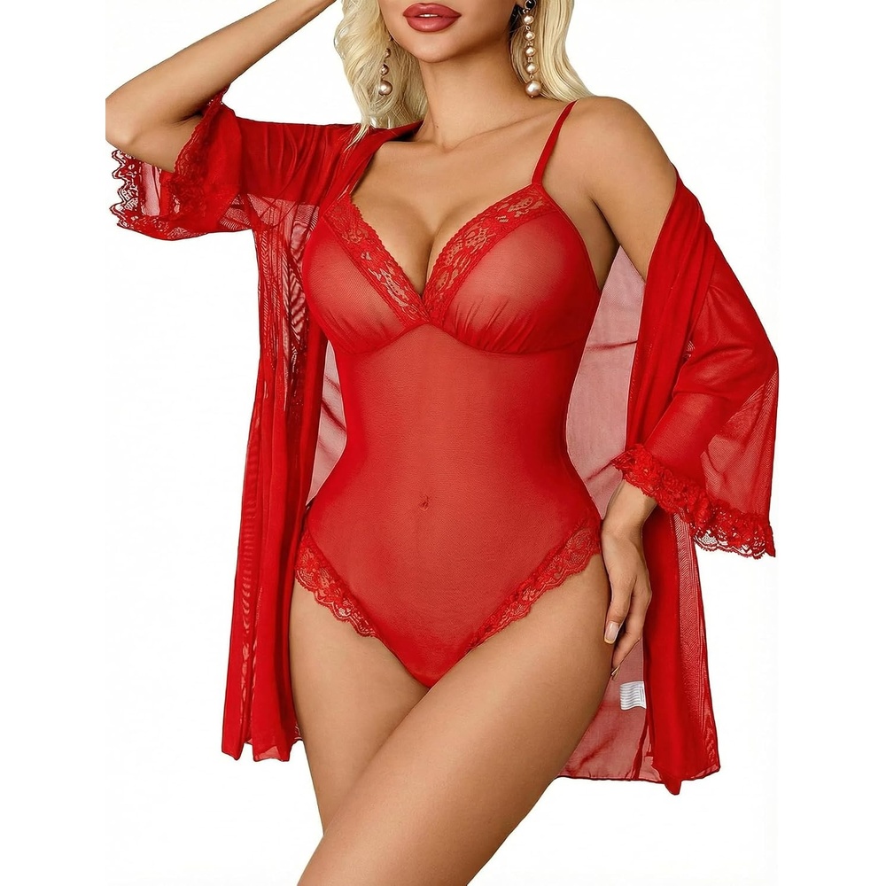 image:imageAvidlove Lingerie for Women Sexy Lace Bodysuit Robe Set 2 Piece Mesh Teddy Kimonos Sleepwear Boudoir Outfits SXXLRed