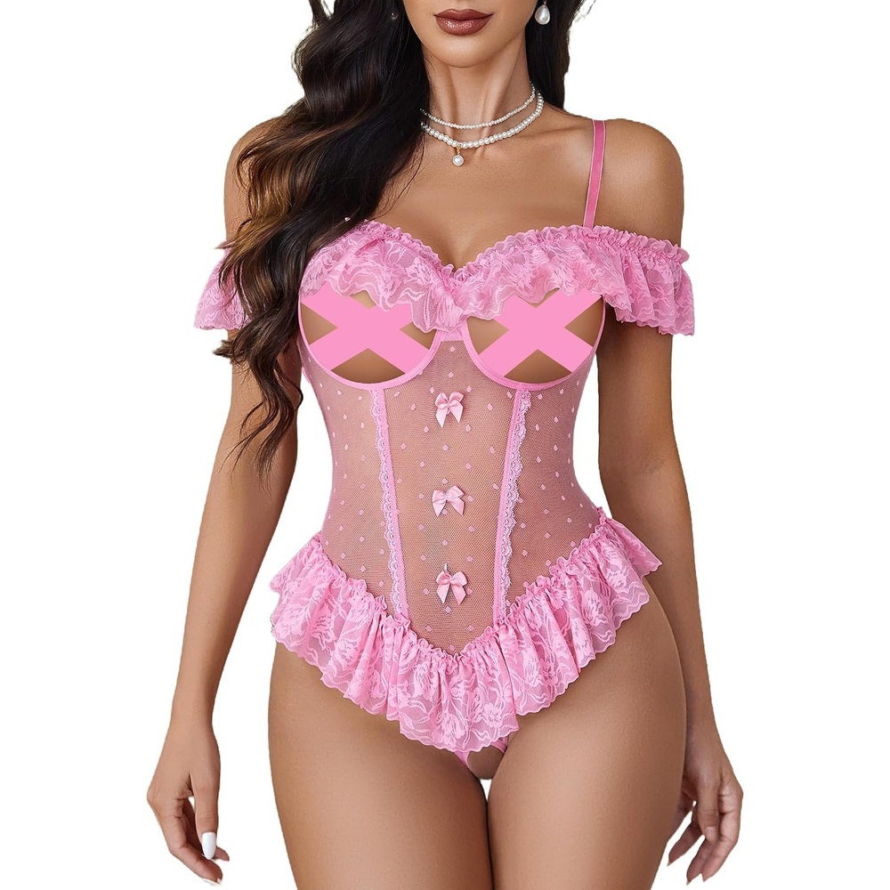 image:imageAvidlove Lingerie for Women V Neck One Piece Bodysuit Lace Ruffle Babydoll Off Shoulder Rave OutfitsPink