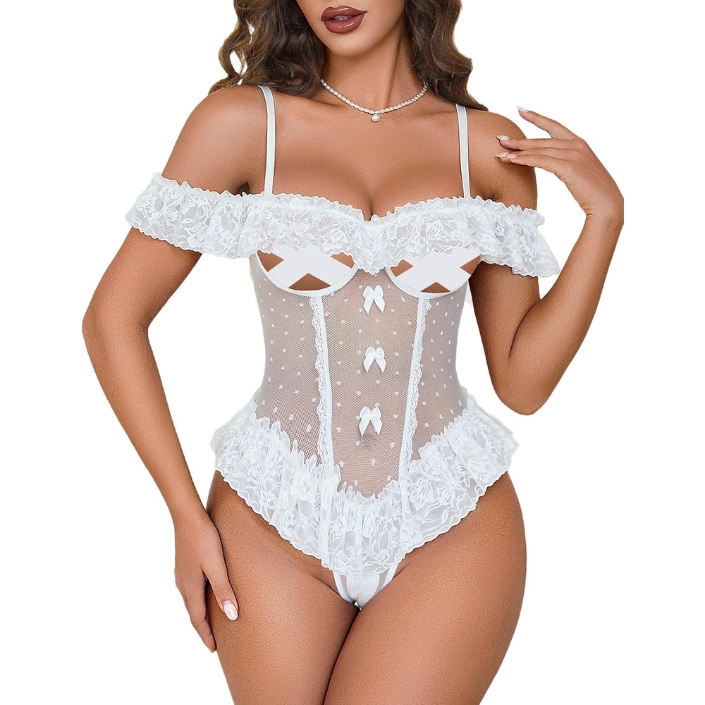 image:imageAvidlove Lingerie for Women V Neck One Piece Bodysuit Lace Ruffle Babydoll Off Shoulder Rave OutfitsWhite