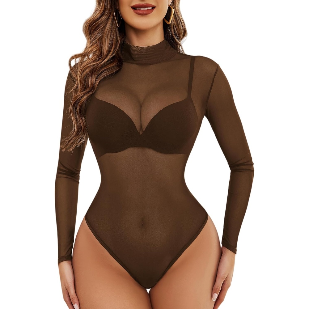 image:imageAvidlove Long Sleeve Bodysuit for Women Turtleneck Sheer Mesh Bodysuit Geo Print LeotardsBrown