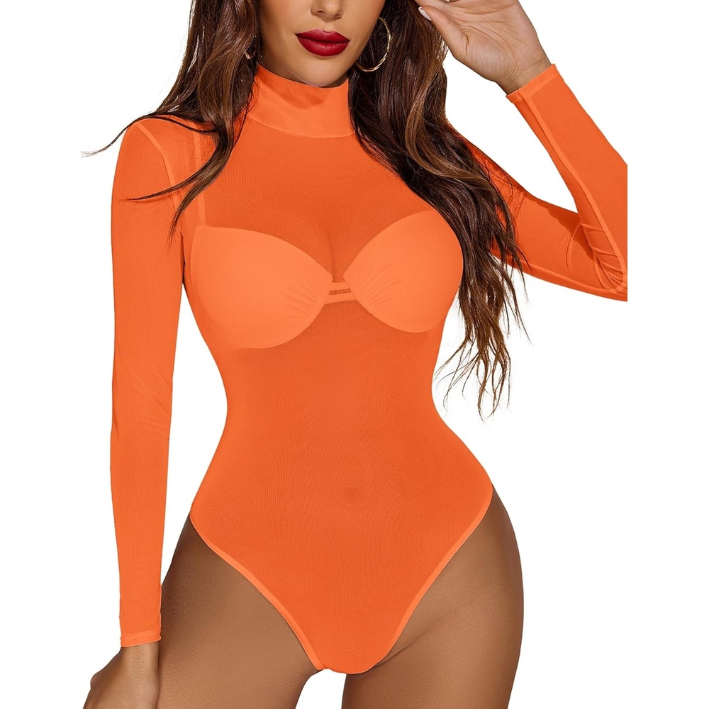 image:imageAvidlove Long Sleeve Bodysuit for Women Turtleneck Sheer Mesh Bodysuit Geo Print LeotardsOrange