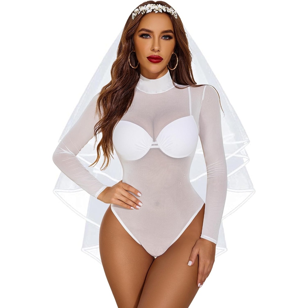 image:imageAvidlove Long Sleeve Bodysuit for Women Turtleneck Sheer Mesh Bodysuit Geo Print LeotardsWhite02