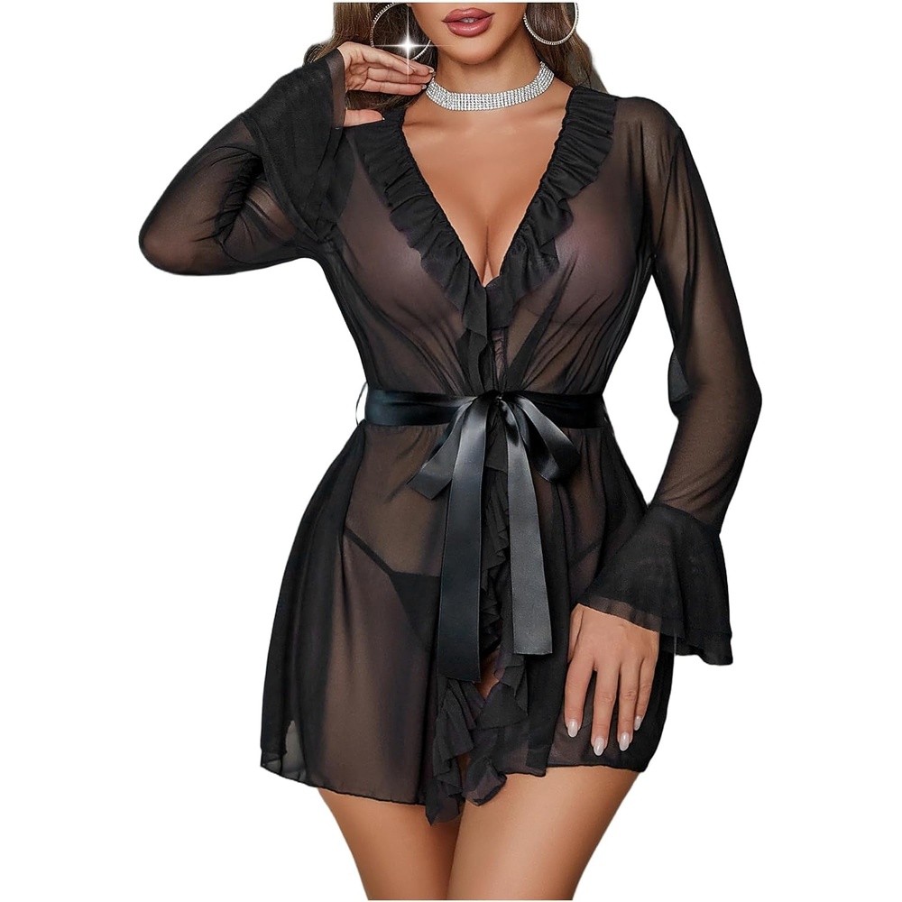 image:imageAvidlove Mesh Lingerie Robe Sets for Women Sexy Nightgown Long Sleeve Kimono Ruffle Nighty With ThongBlack