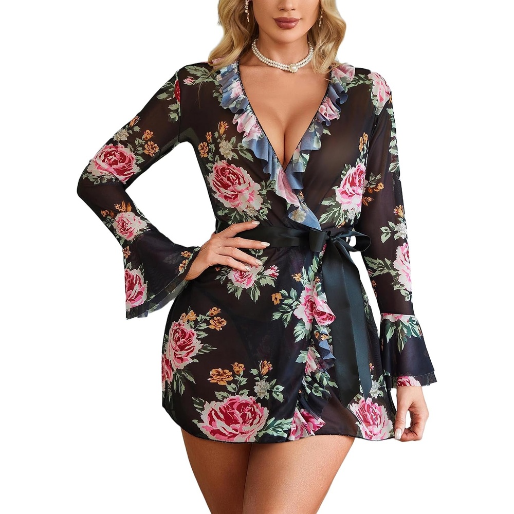 image:imageAvidlove Mesh Lingerie Robe Sets for Women Sexy Nightgown Long Sleeve Kimono Ruffle Nighty With ThongFlower Black Pink