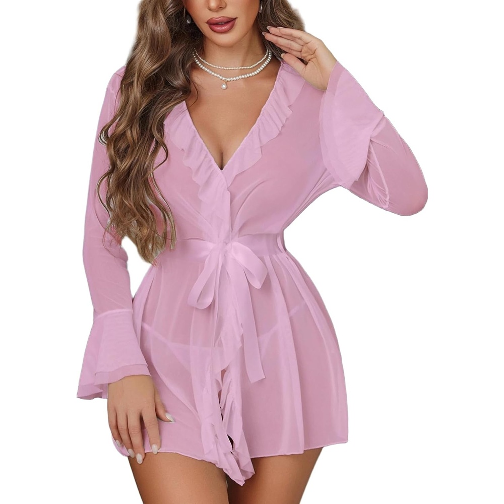 image:imageAvidlove Mesh Lingerie Robe Sets for Women Sexy Nightgown Long Sleeve Kimono Ruffle Nighty With ThongPink