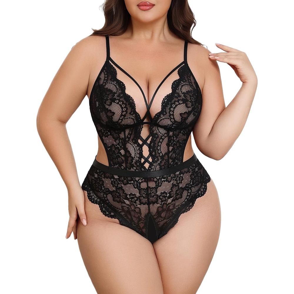 image:imageAvidlove Plus Size Lingerie for Women Sexy Deep V Lace Teddy Cut Out Lingerie Bodysuit 1424 PlusBlack