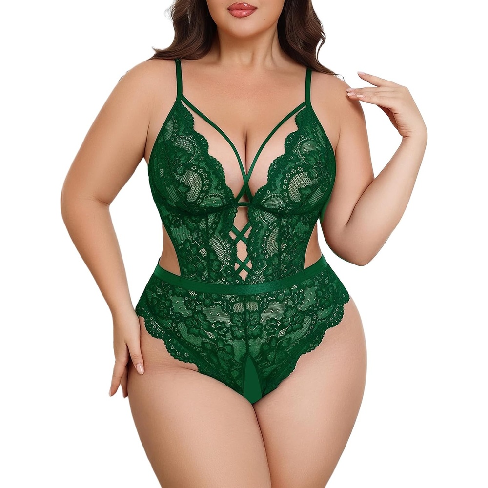 image:imageAvidlove Plus Size Lingerie for Women Sexy Deep V Lace Teddy Cut Out Lingerie Bodysuit 1424 PlusDark Green