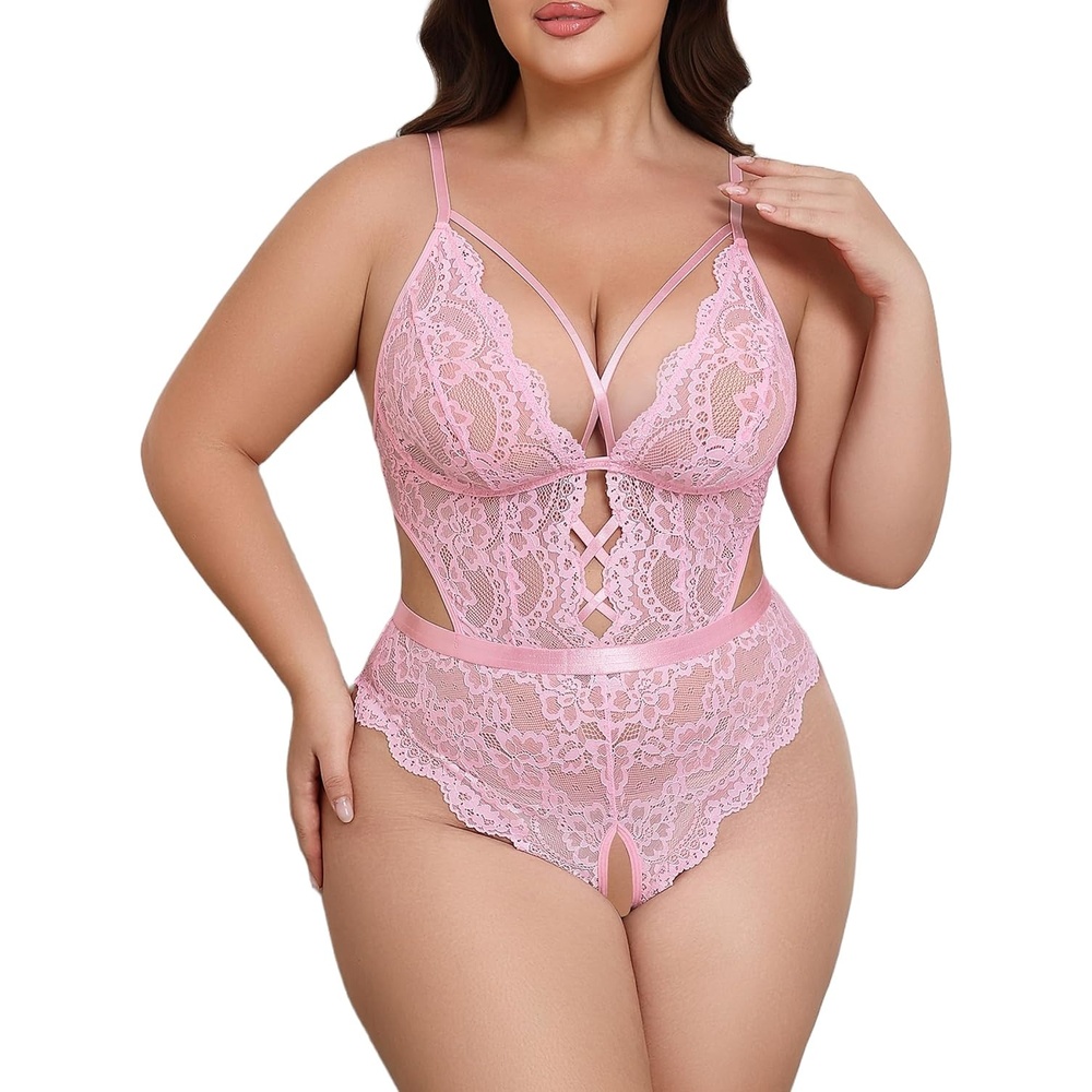image:imageAvidlove Plus Size Lingerie for Women Sexy Deep V Lace Teddy Cut Out Lingerie Bodysuit 1424 PlusLight Pink