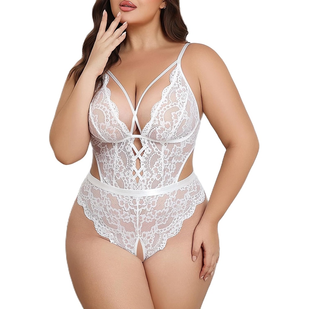 image:imageAvidlove Plus Size Lingerie for Women Sexy Deep V Lace Teddy Cut Out Lingerie Bodysuit 1424 PlusWhite