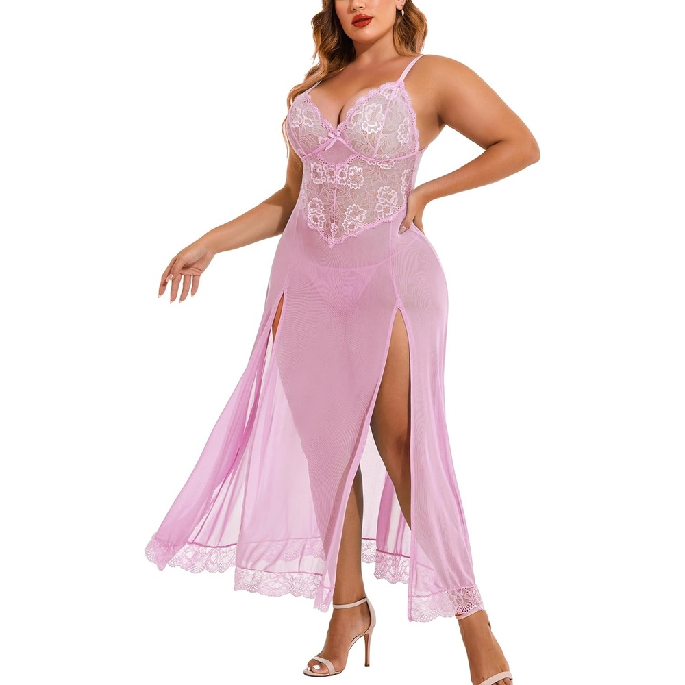 image:imageAvidlove Plus Size Lingerie for Women Sexy Lace Babydoll Long Lingerie Dress Side Split NightgownPink