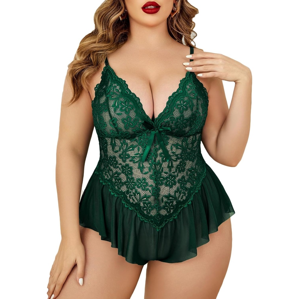 image:imageAvidlove Plus Size Teddy Lingerie for Women V Neck Lace Bodysuit  Floral lace lingerie bodysuit soft stretch fabric for curvy figures date night or honeymoonLake Green