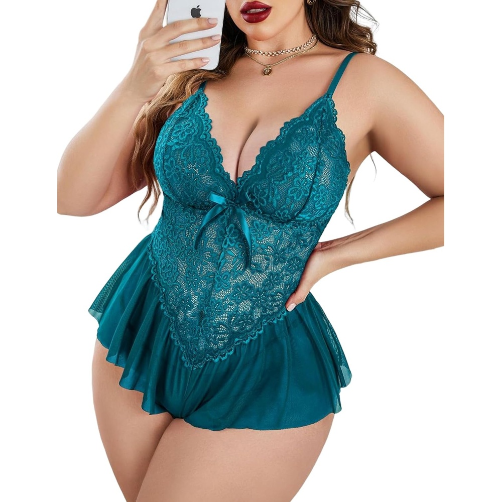 image:imageAvidlove Plus Size Teddy Lingerie for Women V Neck Lace Bodysuit  Floral lace lingerie bodysuit soft stretch fabric for curvy figures date night or honeymoonBlue Green