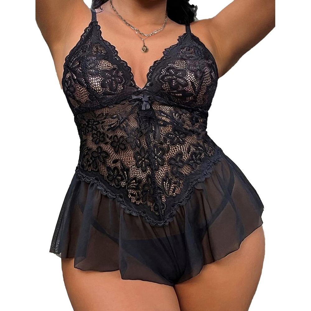 image:imageAvidlove Plus Size Teddy Lingerie for Women V Neck Lace Bodysuit  Floral lace lingerie bodysuit soft stretch fabric for curvy figures date night or honeymoonBlack