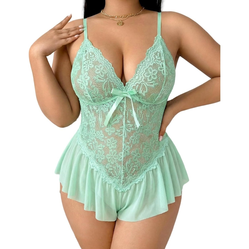 image:imageAvidlove Plus Size Teddy Lingerie for Women V Neck Lace Bodysuit  Floral lace lingerie bodysuit soft stretch fabric for curvy figures date night or honeymoonMint Green