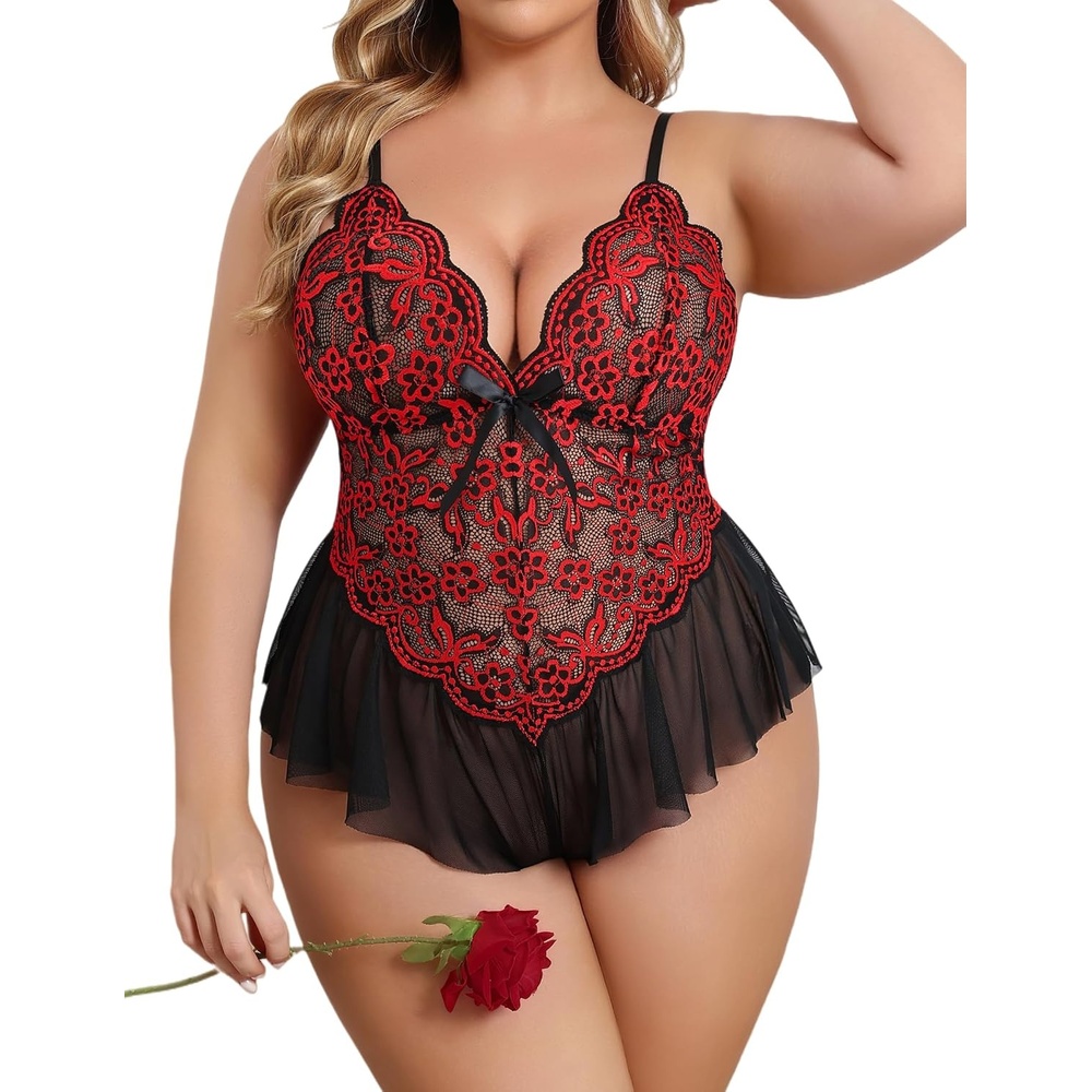 image:imageAvidlove Plus Size Teddy Lingerie for Women V Neck Lace Bodysuit  Floral lace lingerie bodysuit soft stretch fabric for curvy figures date night or honeymoonBlack Red