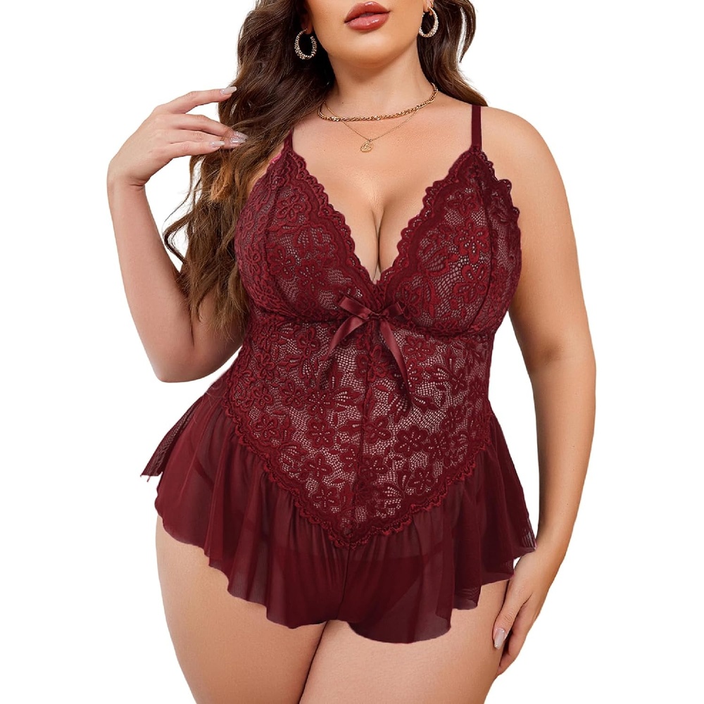 image:imageAvidlove Plus Size Teddy Lingerie for Women V Neck Lace Bodysuit  Floral lace lingerie bodysuit soft stretch fabric for curvy figures date night or honeymoonBurgundy