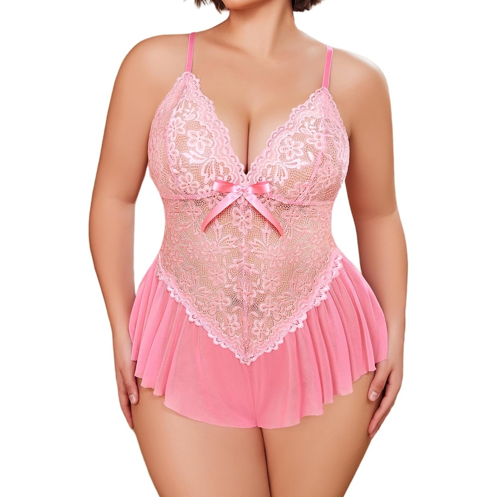 image:imageAvidlove Plus Size Teddy Lingerie for Women V Neck Lace Bodysuit  Floral lace lingerie bodysuit soft stretch fabric for curvy figures date night or honeymoonPeach Pink