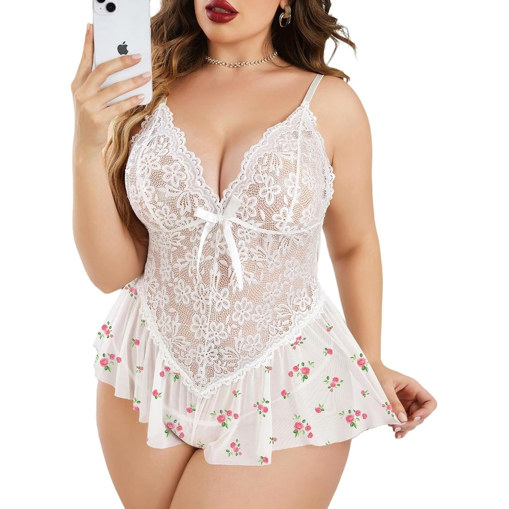 image:imageAvidlove Plus Size Teddy Lingerie for Women V Neck Lace Bodysuit  Floral lace lingerie bodysuit soft stretch fabric for curvy figures date night or honeymoonFloral White