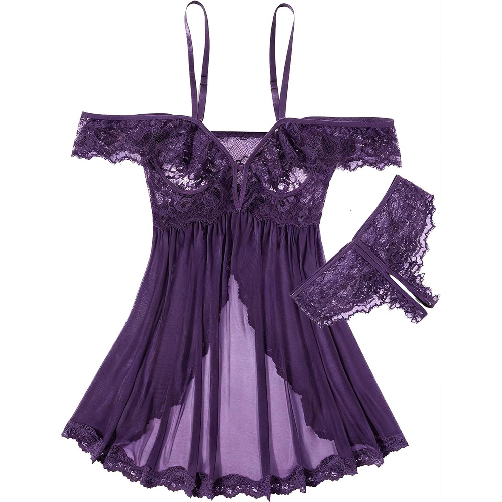 image:imageAvidlove Sexy Cut Out Off Shoulder Sheer Mesh Lace Wireless Babydoll Lingerie Dress with Thong 2 PieceBright Purple