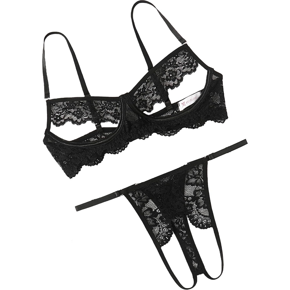 image:imageAvidlove Sexy Floral Lace Cutout Lingerie Set for Women Bra Panty 2 Piece Sheer Lingerie Set OutfitsBlack