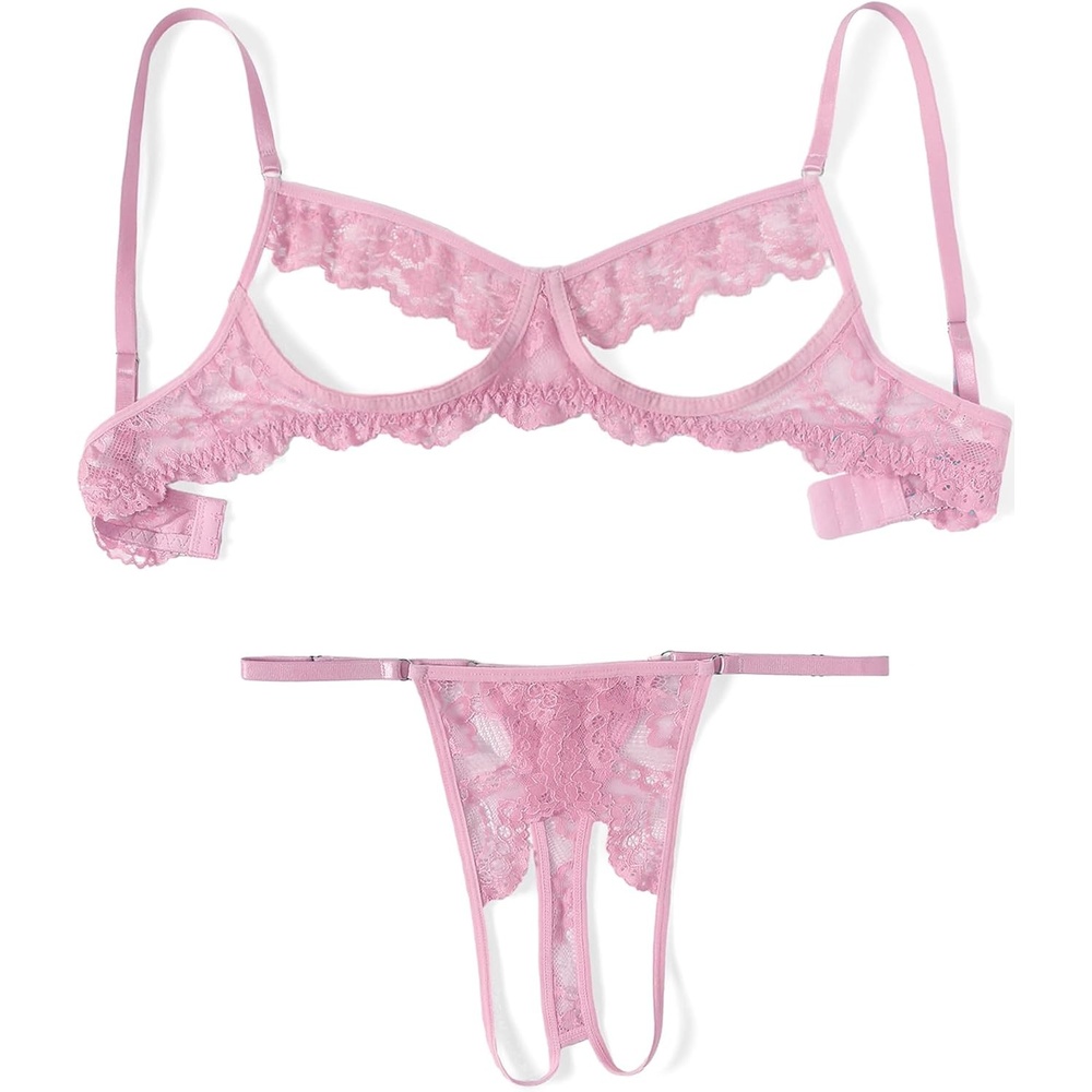image:imageAvidlove Sexy Floral Lace Cutout Lingerie Set for Women Bra Panty 2 Piece Sheer Lingerie Set OutfitsPink