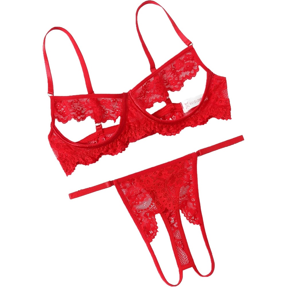 image:imageAvidlove Sexy Floral Lace Cutout Lingerie Set for Women Bra Panty 2 Piece Sheer Lingerie Set OutfitsRed