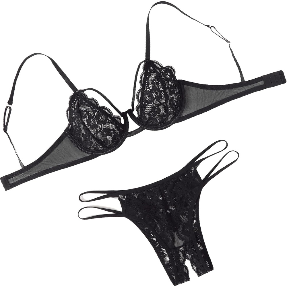 image:imageAvidlove Sexy Lace Lingerie Set for Women Underwire Push Up Sheer Bra and Panty Set 2 PieceBlack