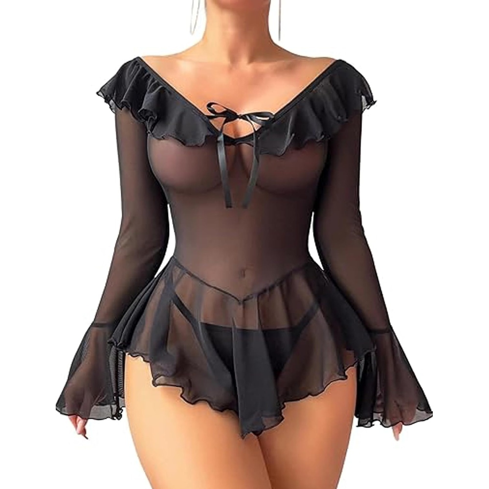 image:imageAvidlove Sexy Lingerie Babydoll Rave Ruffle Dress Off Shoulder Long Sleeve Nightgowns Outfits For Women SXXLBlack