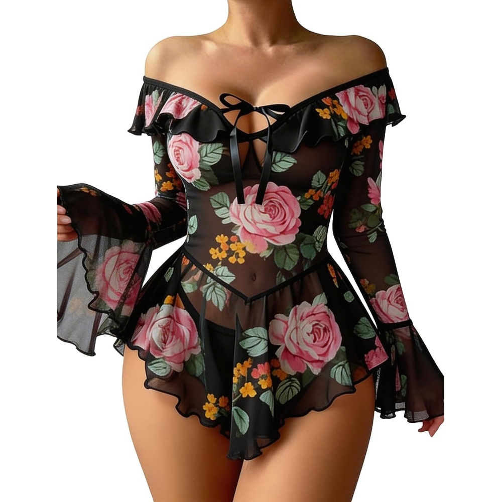 image:imageAvidlove Sexy Lingerie Babydoll Rave Ruffle Dress Off Shoulder Long Sleeve Nightgowns Outfits For Women SXXLBlack Floral