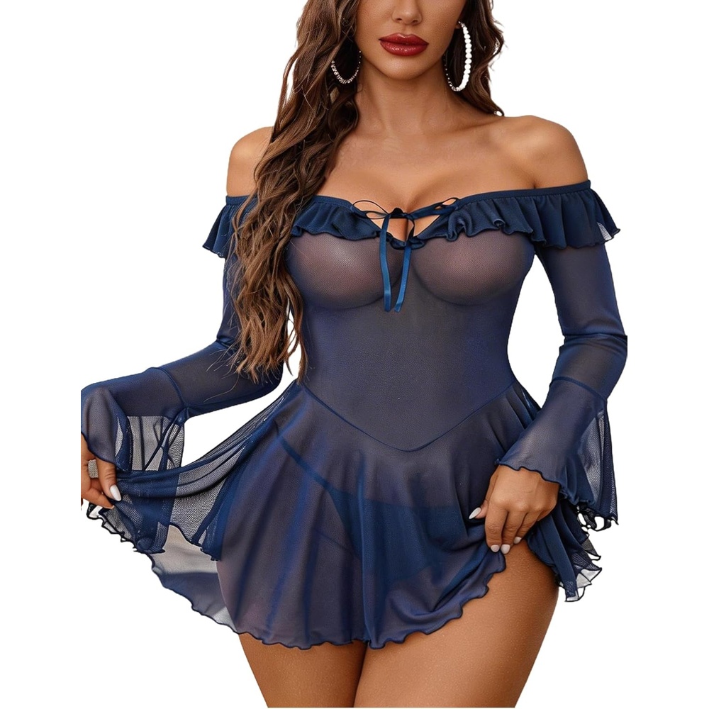 image:imageAvidlove Sexy Lingerie Babydoll Rave Ruffle Dress Off Shoulder Long Sleeve Nightgowns Outfits For Women SXXLNavy Blue